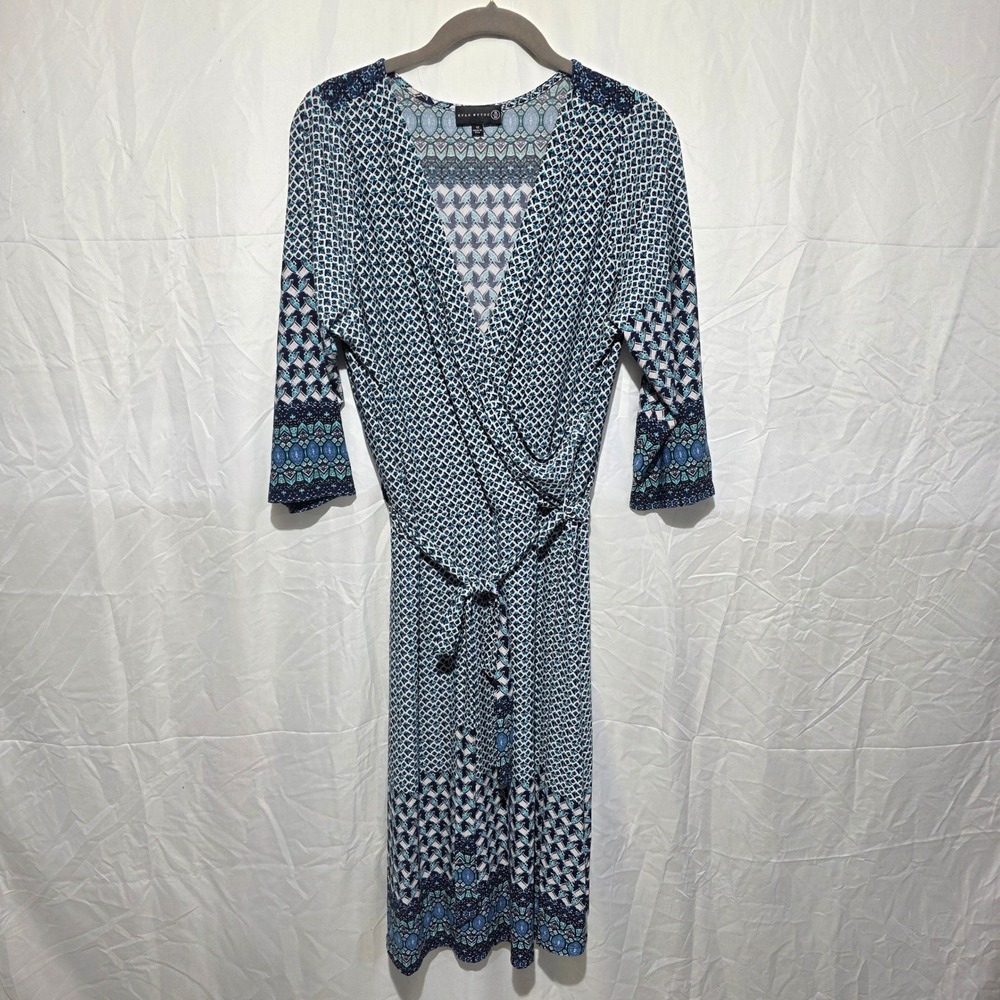 Ryan Wythe Blue Geometric Faux Wrap Dress 1X Plus Size 3/4 Sleeve DB4168-H3
